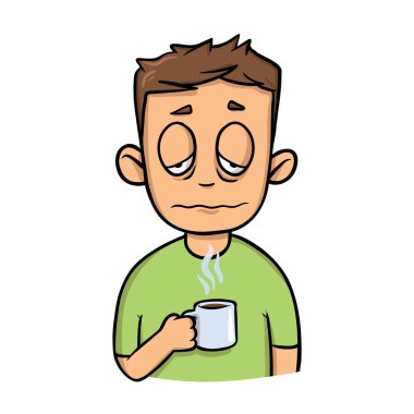 Sabah kahve ile komik uykulu adam. Karikatür tasarım simgesi. Düz vektör çizim. Beyaz arka plan üzerinde izole.