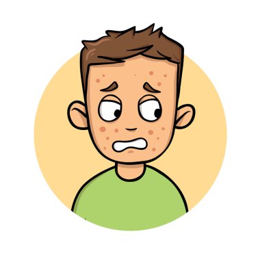 Onun yüzünde kırmızı lekeler olan çizgi film genç adam. Karikatür tasarım simgesi. Düz vektör çizim. Beyaz arka plan üzerinde izole.
