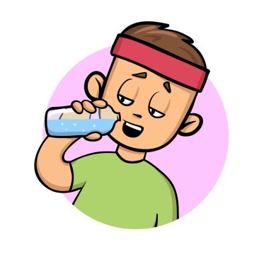 Komik adam içme suyu şişe. Egzersiz ve sulu düz tasarım simgesi kalıyorum. Düz vektör çizim. Beyaz arka plan üzerinde izole.