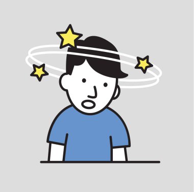 Confused boy seeing spinning stars. Loss of consciousness flat design icon. Flat vector illustration. Isolated on gray background. clipart