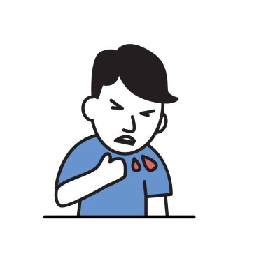 Genç bir adam kan öksürmeye. Düz vektör çizim. Beyaz arka plan üzerinde izole.