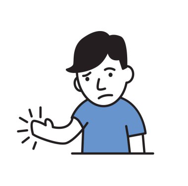 Genç adam duygu acı veya uyuşma elinde. Basit stil ikonu. Düz vektör çizim. Beyaz arka plan üzerinde izole.