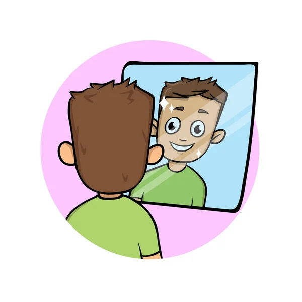 Joven sonriente mirando su reflejo en el espejo. Ilustración vectorial plana. Aislado sobre fondo blanco . — Vector de stock