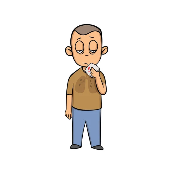 Ung syg mand med lommetørklæde i hånden. Lungesygdom. Tegneserie design ikon. Flad vektorillustration. Isoleret på hvid baggrund . – Stock-vektor