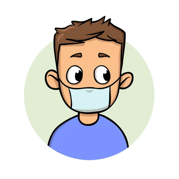 Funny cartoon guy wearing medical mask for respiratory disease protection. Cartoon design icon. Flat vector illustration. Isolated on white background. — Stock Vector