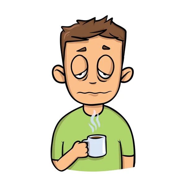 Αστείος νυσταγμένος τύπος με ένα φλιτζάνι του καφέ το πρωί. Εικονίδιο σχέδιο καρτούν. Επίπεδη διανυσματικά εικονογράφηση. Απομονωμένα σε λευκό φόντο. — Διανυσματικό Αρχείο