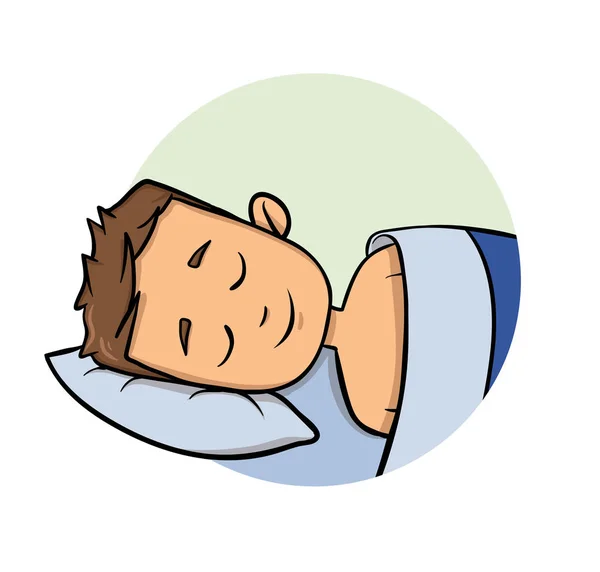 漫画の若い男がベッドで寝ています。漫画のデザインのアイコンです。フラットのベクター イラストです。白い背景に分離. — ストックベクタ