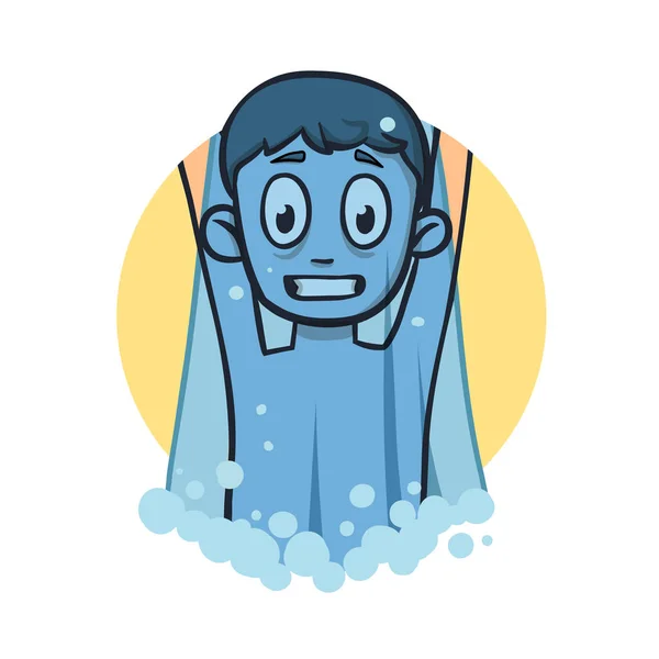 Grappige jongen onder de koude douche. Het pictogram van het platte ontwerp. Platte vectorillustratie. Geïsoleerd op witte achtergrond. — Stockvector