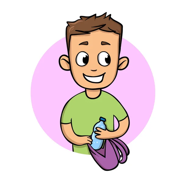 Un tipo sonriente poniendo una botella de agua en su bolso. Mantenerse hidratado icono de diseño plano. Ilustración vectorial plana. Aislado sobre fondo blanco . — Vector de stock