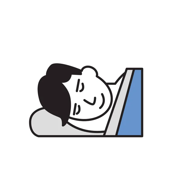 Cartoon ung man sover i en säng. Cartoon designikon. Flat vektorillustration. Isolerad på vit bakgrund. — Stock vektor