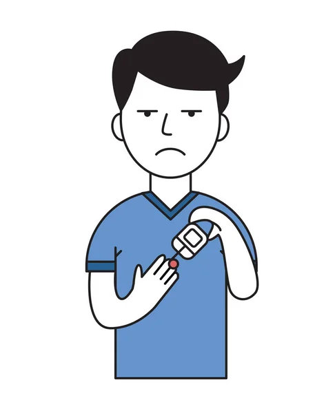 Giovane uomo misura il livello di zucchero con glucometro. I sintomi del diabete. Illustrazione a vettore piatto. Isolato su sfondo bianco . — Vettoriale Stock