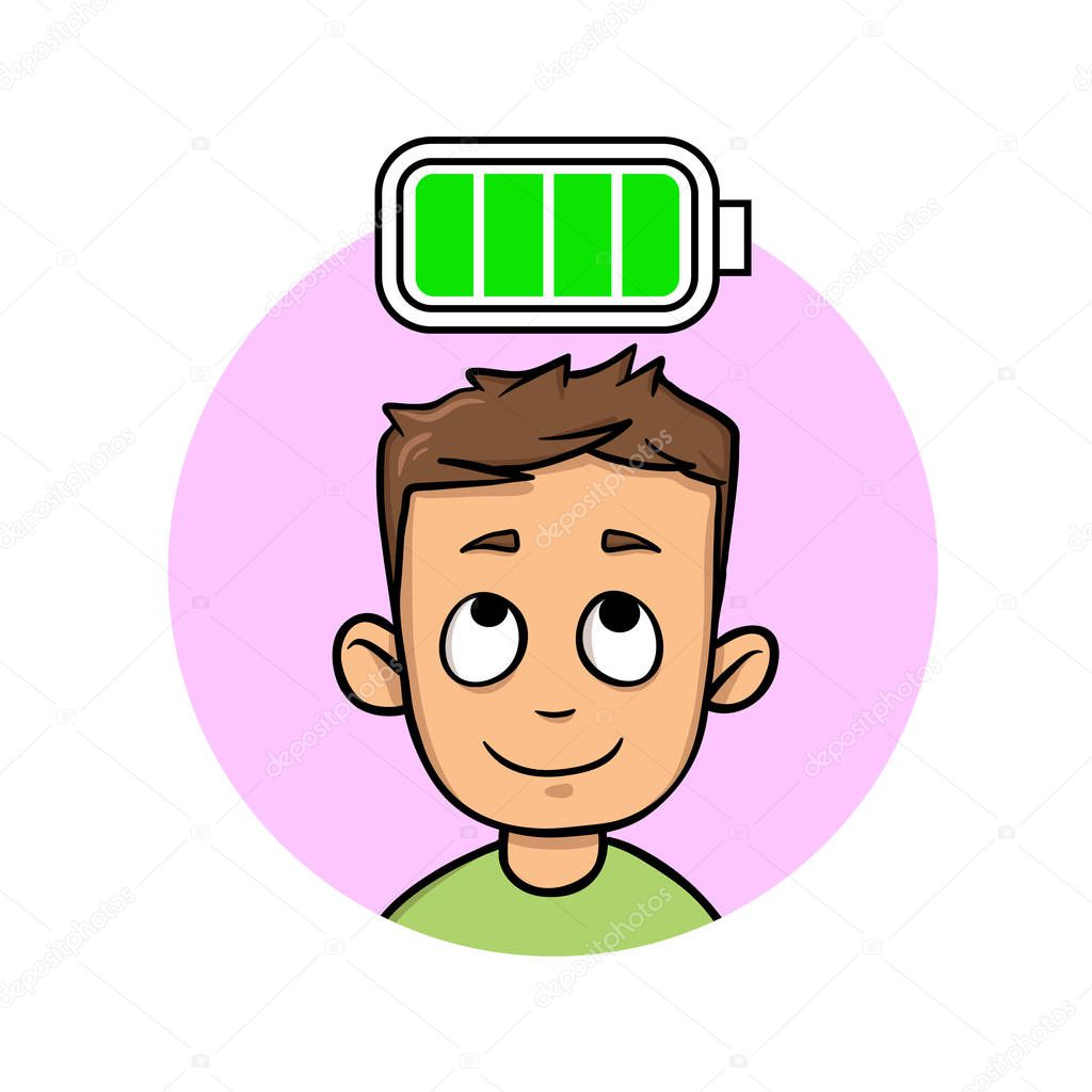 Young man full of energy, fully charged battery. Flat vector illustration. Isolated on white background.