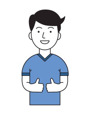 Başparmak gösterilmesini olumlu komik adam. Aktif yaşam tarzı. Karikatür tasarım simgesi. Düz vektör çizim. Beyaz arka plan üzerinde izole.