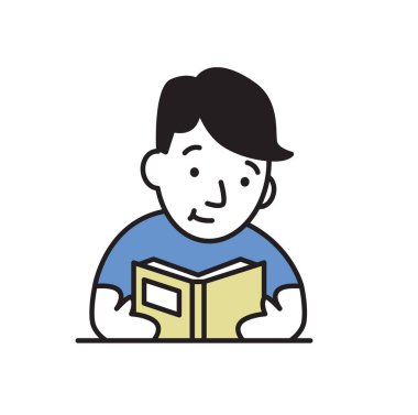 Genç adam bir kitap okuma. Düz vektör çizim. Beyaz arka plan üzerinde izole.