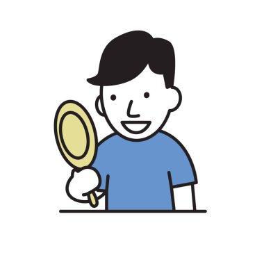 Gülümseyen genç adam onun yansıması aynaya bakıyor. Düz vektör çizim. Beyaz arka plan üzerinde izole.