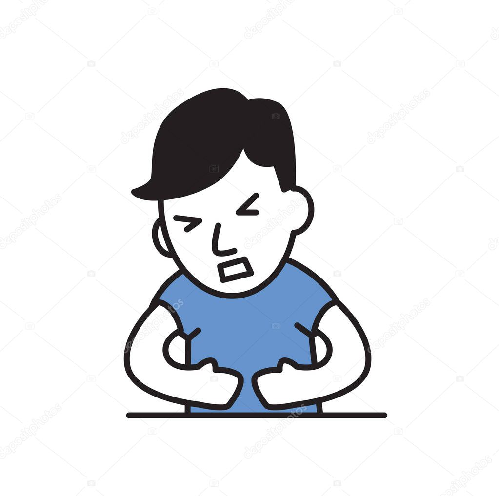 Young guy feeling stomack pain. Cartoon design icon. Colorful flat vector illustration. Isolated on white background.