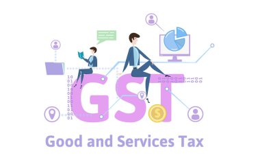 GST, mal ve hizmet vergisi. Kavram tablo anahtar kelimeler, harf ve simgeler. Beyaz arka plan üzerinde renkli düz vektör çizim.