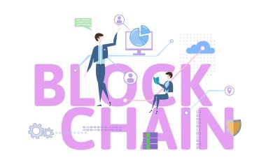 Bockchain. İnsanlar, harfler ve simgeler kavramı masa. Beyaz arka plan üzerinde renkli düz vektör çizim.