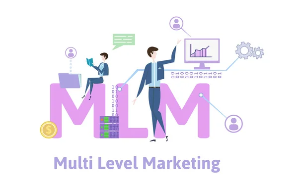 MLM, multi-level marketinget. Koncepció asztal kulcsszavak, a betűk és az ikonok. Színes lapos vektoros illusztráció fehér háttér. — Stock Vector