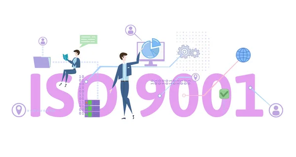 ISO 9001-es standart. Koncepció asztal emberek, a betűk és az ikonok. Színes lapos vektoros illusztráció fehér háttér. — Stock Vector