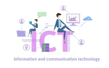 ICT, Information Communication Technology. Concept table with people, letters and icons. Colored flat vector illustration on white background. clipart