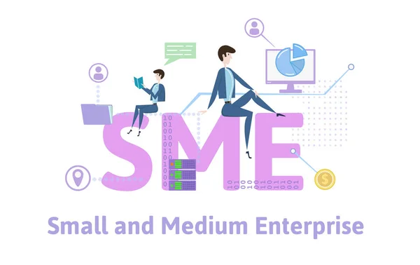 PYME, pequeñas y medianas empresas. Mesa conceptual con personas, letras e iconos. Ilustración vectorial plana en color sobre fondo blanco . — Vector de stock
