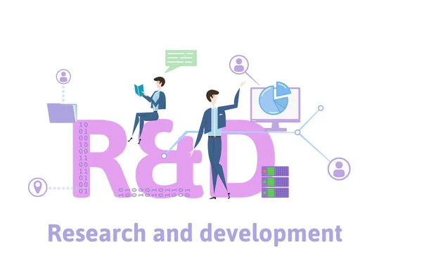 Recherche et développement, Recherche et développement. Concept table avec des personnes, des lettres et des icônes. Illustration vectorielle plate colorée sur fond blanc . — Image vectorielle