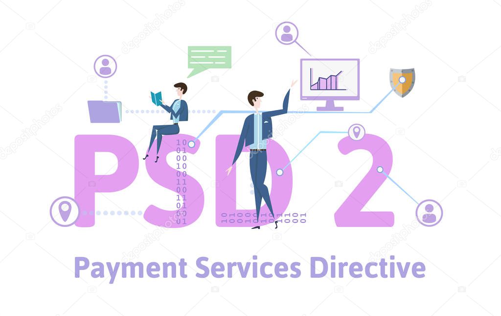 PSD2, Payment Services Directive 2. Concept with people, letters and icons. Colored flat vector illustration on white background.