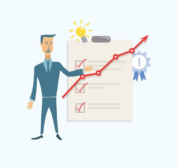 Бизнесмен, представившийся на картонке, растущий график с точками отсчета, тиканье коробок. Тесты. Цветная плоская векторная иллюстрация. Изолированный на синем фоне
.