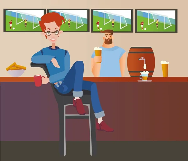 Ung rödhårig man sitter i en sport bar. Student utekväll. Färgglada platt vektor ilustration. — Stock vektor