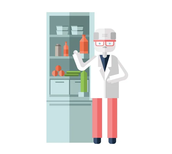 Scientist in white robe standing in the kitchen or lab. Colorful flat vector ilustration. Isolated on white background.