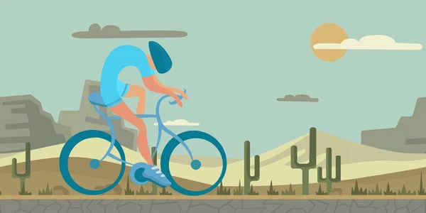 Adam çöl arka plan üzerinde Bisiklete binme. Gerçekçi manzara rakam şeklinde soyut. Renkli düz vektör halat, yatay. — Stok Vektör