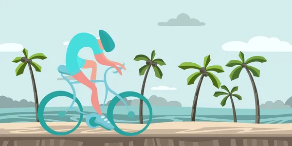 Sportivo in bicicletta lungo la spiaggia tropicale. Mare, spiaggia, cielo blu, corsa in bicicletta. Illustrazione vettoriale piatta colorata, orizzontale . — Vettoriale Stock