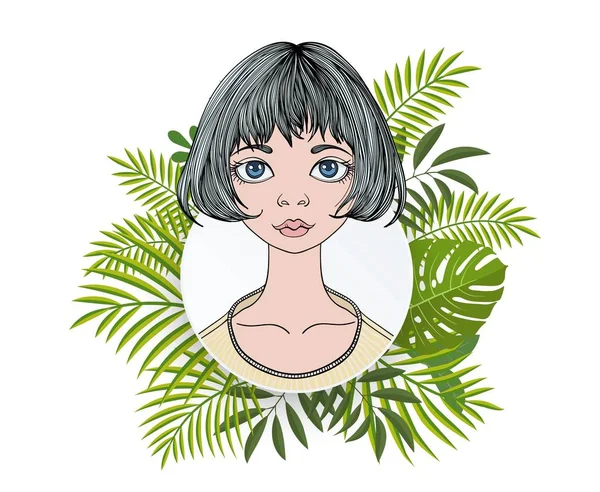 Retrato de una mujer joven con el pelo corto en marco redondo floral. Colorida ilustración vectorial plana. Aislado sobre fondo blanco . — Archivo Imágenes Vectoriales