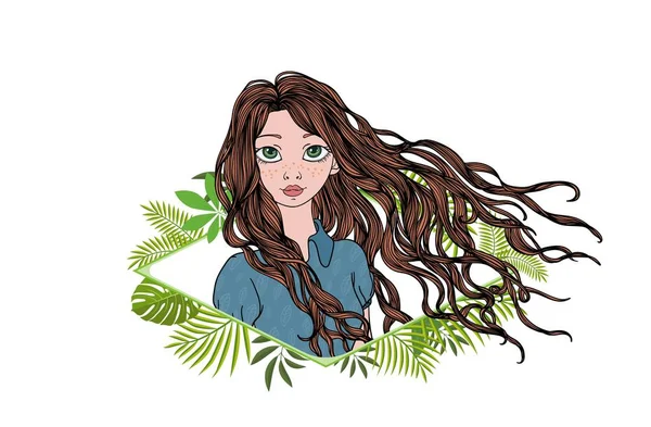 Chica de pelo largo en marco floral verde. Colorida ilustración vectorial plana. Aislado sobre fondo blanco . — Vector de stock