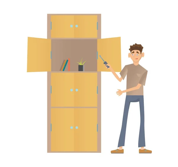 Молодой человек собирает шкаф. Мужчина, стоящий перед шкафом с отверткой в руке. Цветная плоская векторная иллюстрация. Изолированный на белом фоне . — стоковый вектор