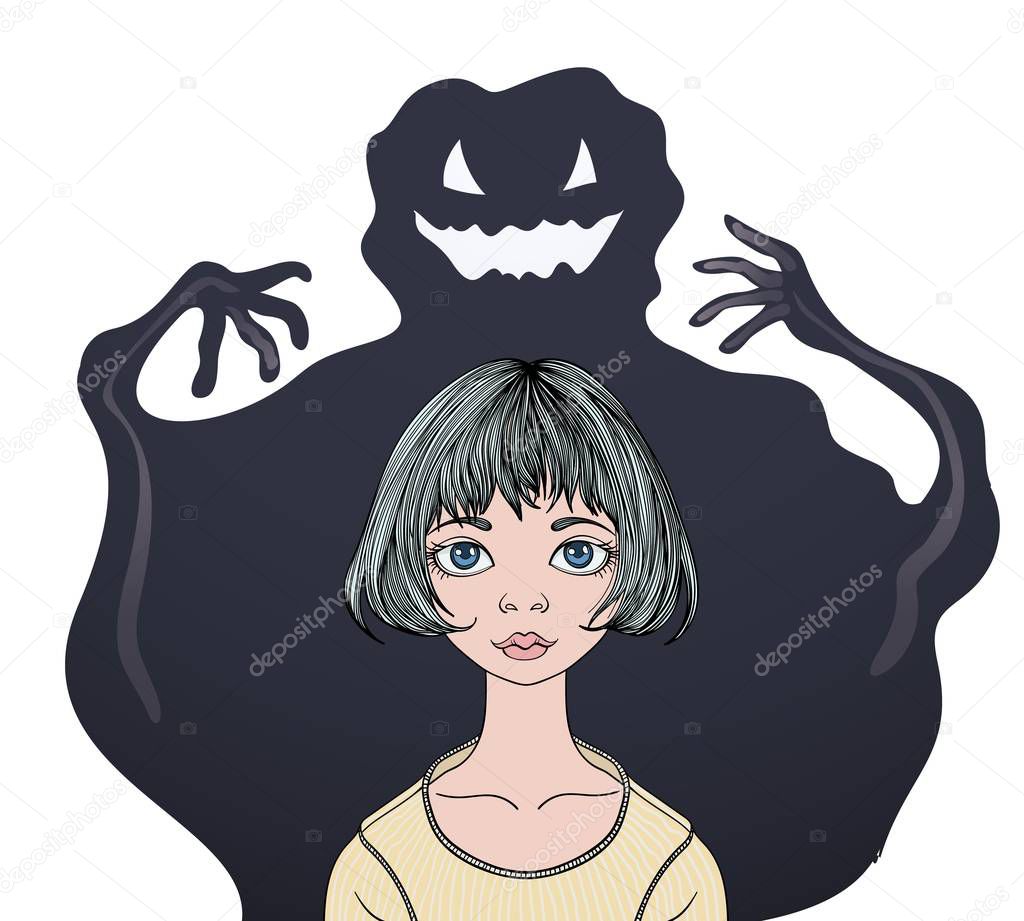 Scared teenage girl in front of a monster ghost. Psychology, fears and phobias. Colorful flat vector ilustration. Isolated on white background.