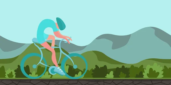 Sporcu yeşil tepelik arka plan üzerinde Bisiklete binme. Gerçekçi manzara rakam şeklinde soyut. Renkli düz vektör çizim, yatay. — Stok Vektör