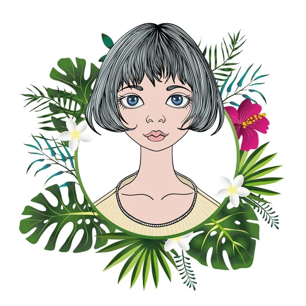 Retrato de una mujer joven con el pelo corto en marco redondo floral. Ilustración colorida del vector plano. Aislado sobre fondo blanco . — Archivo Imágenes Vectoriales