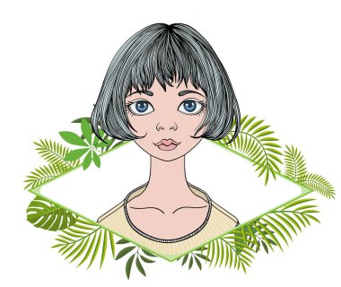 Young woman with short hair in floral frame. Colorful flat vector illustration. Isolated on white background. clipart