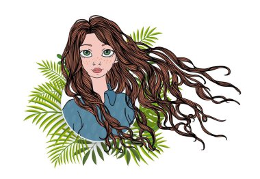 Long-haired girl in green floral frame. Colorful flat vector illustration. Isolated on white background. clipart