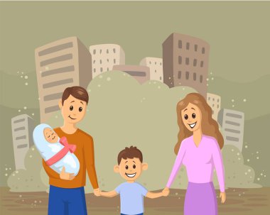 Tozlu şehir arka plan üzerinde çocuklu aile gülümseyen genç. Sosyal sorunlar, savaş, göç, ekoloji. Düz vektör çizim.