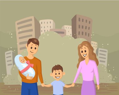 Young smiling family with children on dusty city background. Social problems, war, immigration, ecology. Flat vector illustration. clipart