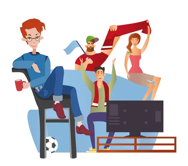 Молодой рыжий мужчина проводит время со спортивными фанатами перед телевизором. Студенческий вечер. Цветная плоская векторная иллюстрация. Isolated . — стоковый вектор