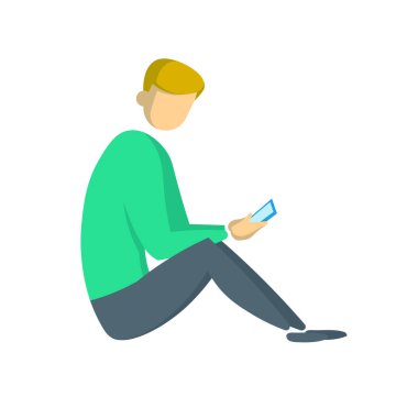Smartphone vasıl seyir katta oturan genç adam. Freelancing ve dijital pazarlama, sosyal medya. Düz vektör çizim. Beyaz arka plan üzerinde izole.