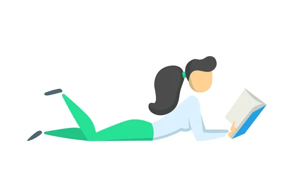 Una joven leyendo un libro en el suelo. Ilustración vectorial plana. Aislado sobre fondo blanco . — Vector de stock