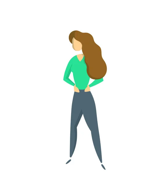 Девушка в зеленом свитере с руками на талии. Успешный предприниматель, бизнес, сильная иллюстрация концепции лидера. Плоский векторный рисунок. Изолированный на белом фоне . — стоковый вектор