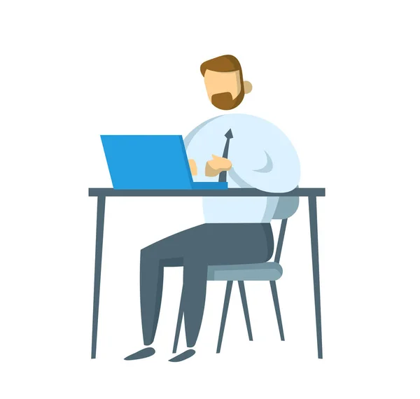 Szakállas üzletember ül a munkahelyére. Manager működő-ra egy laptop. Lapos vektoros illusztráció. Elszigetelt fehér background. — Stock Vector