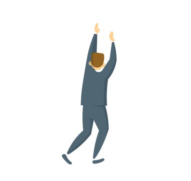 İşadamı edge üzerinde geri görünüm asılı. Eller yukarı. Düz vektör çizim. Beyaz arka plan üzerinde izole.