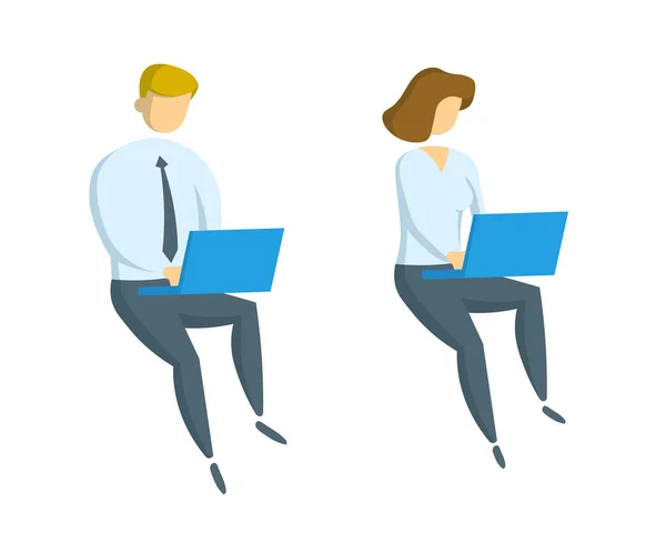 Бизнесмен и деловая леди работают за ноутбуком. Офис, бизнес и связь. Плоский векторный рисунок. Изолированный на белом фоне . — стоковый вектор